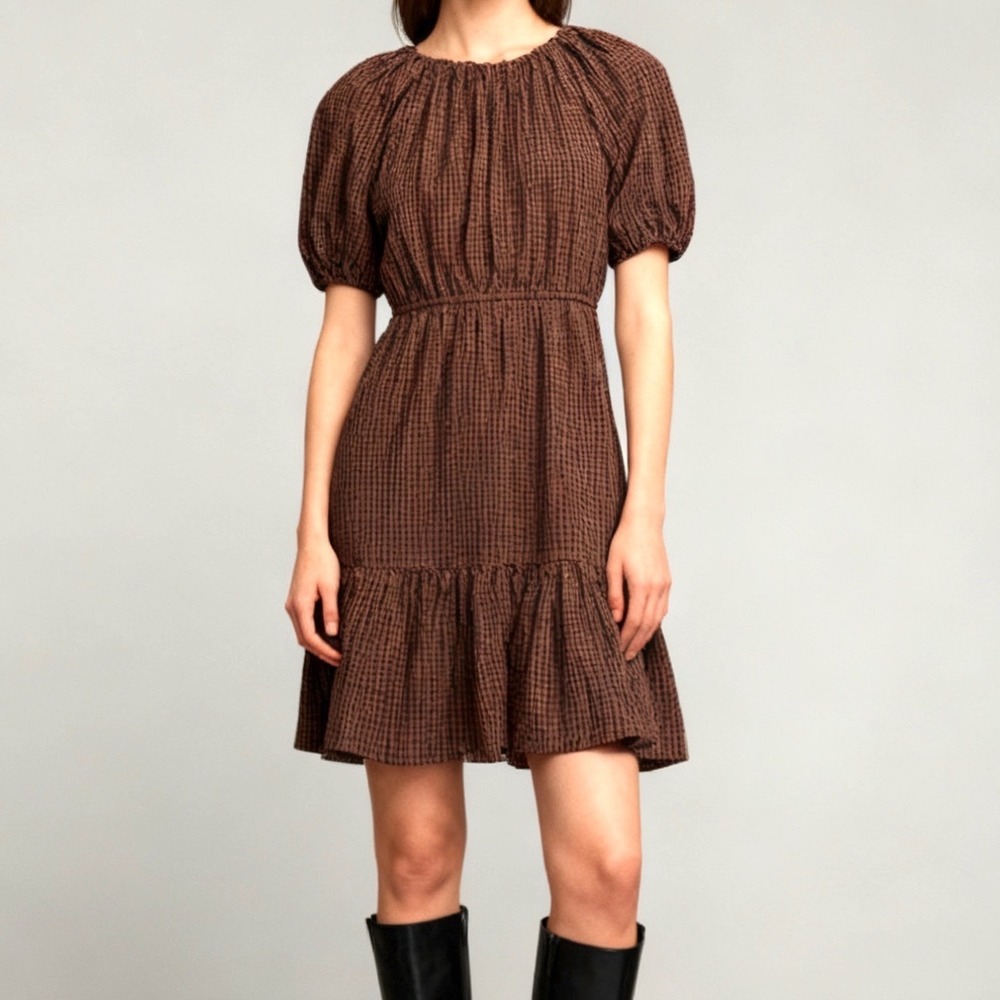 Rails Khloe Gingham Mini Dress size S Russet Brown Balloon Sleeve Cottagecore‎